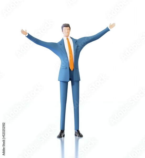 Fototapeta Successful businessman with wide open hands, welcoming, inviting to have business together, to join the company. Help, support, care concept. 3D rendering illustration 