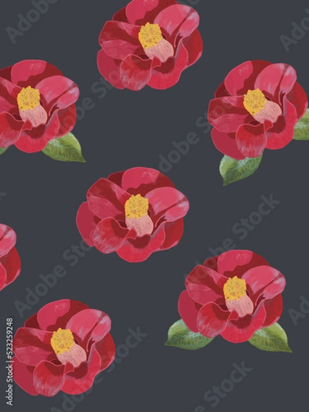 Fototapeta 赤椿パターン紺色_背景_リアルタッチ_縦