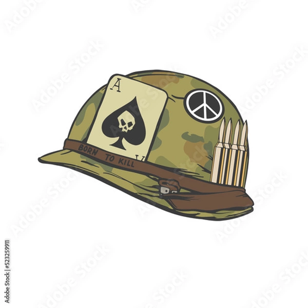 Obraz Vietnam war american soldier helmet in hand drawn style for print and design. Vector illustration.