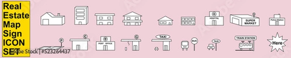 Fototapeta 不動産マップ用アイコンセット　賃貸物件　地図　店舗案内　建物　商店　タクシー　ガソリンスタンド　病院