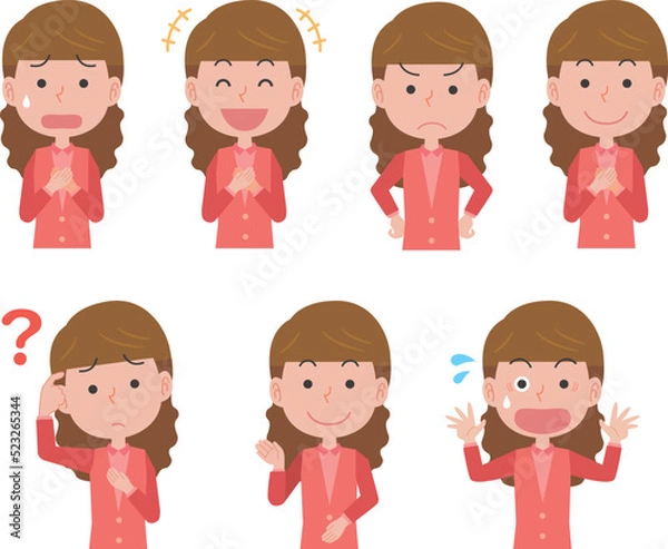 Fototapeta 若い女性の表情ポーズイラストセット