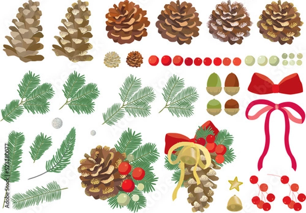Obraz まつぼっくりやモミの枝が入ったクリスマスのデコレーション用イラストのセット