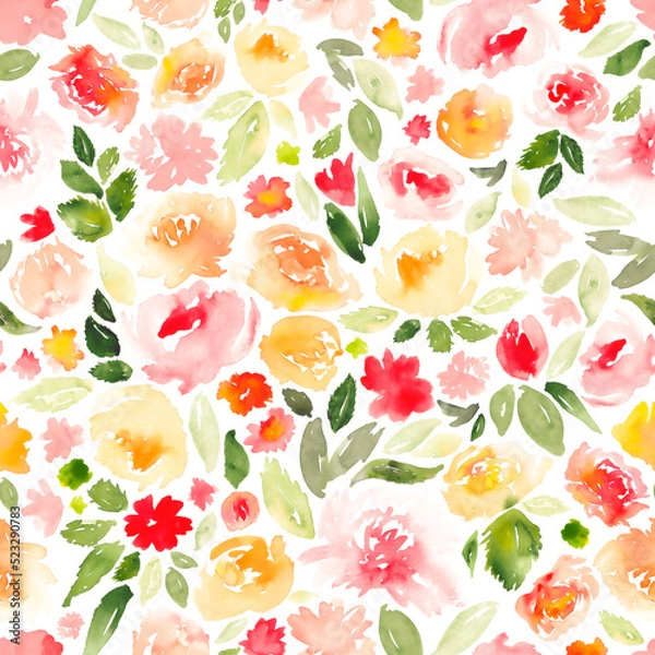 Fototapeta Seamless watercolor floral pattern in pink, red, yellow, orange and green. All over abstract botanical print.