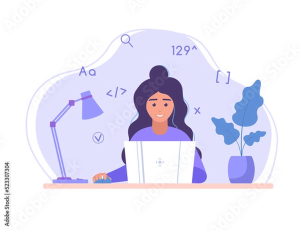 Fototapeta Woman programming. Student with laptop. Female character. Vector illustration