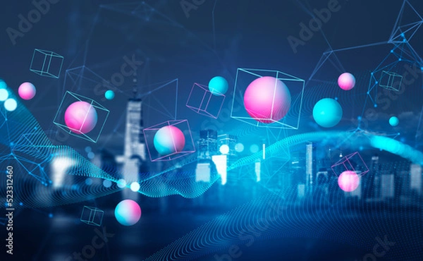 Fototapeta Data blocks and spheres in cyberspace, metaverse and New York cityscape