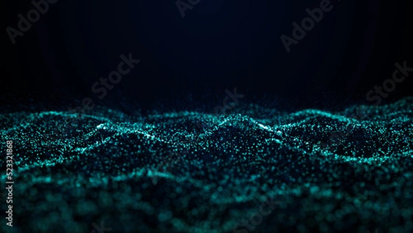 Obraz A wave of particles. Abstract background with dynamic blue wave. Blue background with moving particles. Science and technology. 3d rendering.