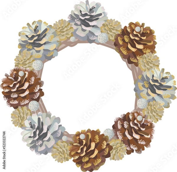 Obraz まつぼっくりで飾ったクリスマスリースのイラスト