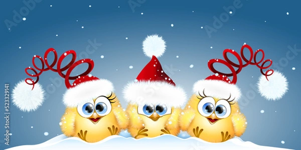 Fototapeta Cartoon Christmas funny little Chicks  sitting in Santa hats under snowfall