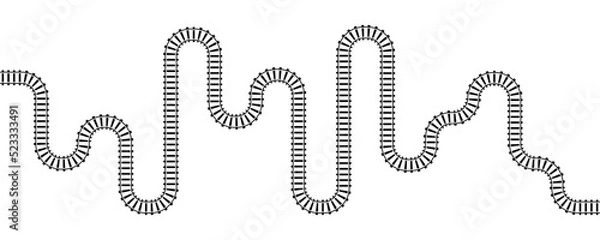 Fototapeta Vector illustration of curved railroad isolated on white background. Straight and curved railway train track. Top view railroad train path. 