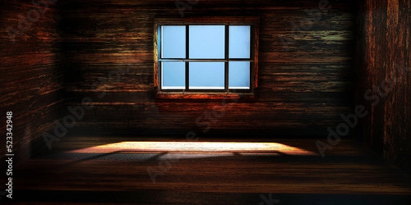 Obraz Empty old abandoned room with window, hardwood wall and floor. Hounted dark house interior. 3D render illustration.