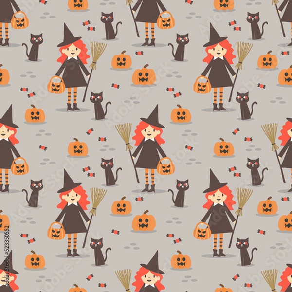 Obraz Cute Witch and Halloween Pumpkins Seamless Pattern
