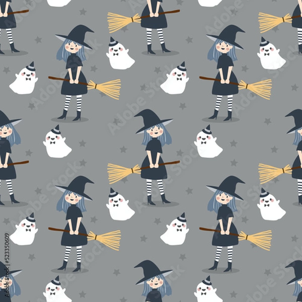 Obraz Cute Witch and Lovely Ghost Seamless Pattern