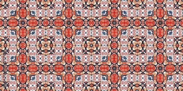 Fototapeta Retro blue red pattern clash geometric bandana border. Masculine fashion edging trim banner with nantucket style decorative design. Endless repeatable tape