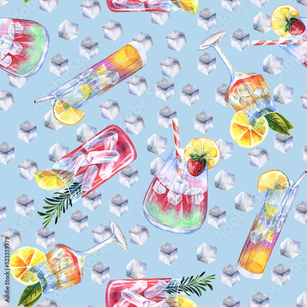 Obraz Seamless pattern with summer cocktails and ice cubes. Watercolor illustration