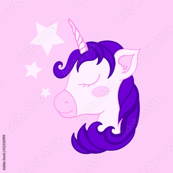 Fototapeta Unicorn head sleeping cute in pastel colors with stars on pink background vector. Cute pink unicorn head vector illustration pink color tone..