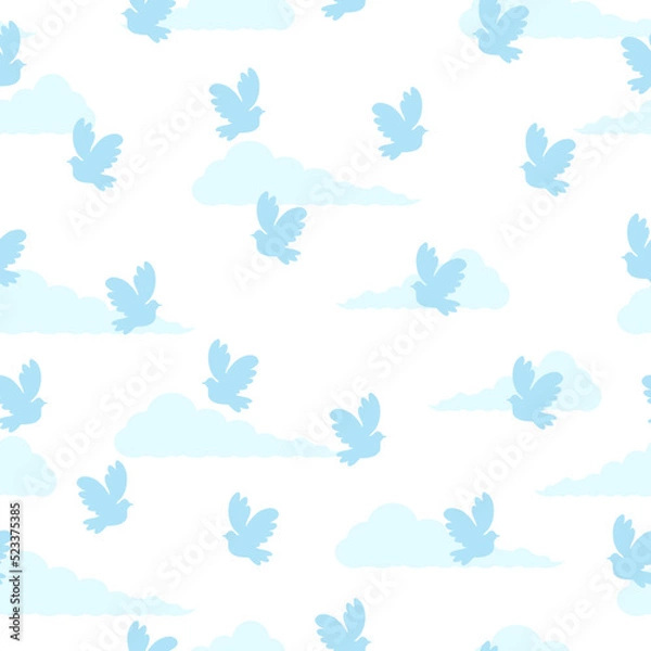 Fototapeta Cartoon pattern dove of peace in the sky with clouds. Blue pigeon bird freedom fly. Vector illustration. Wings and tail shine blue.