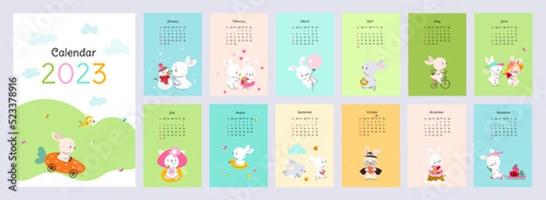 Fototapeta Wall calendar 2023 with cute rabbits. Kid animals print design, 12 months pages template. Bunny in seasons, in love, with flower and halloween, nowaday vector banner