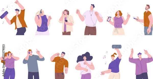Fototapeta People listen music in headphones. Student characters with smartphone and bluetooth music speaker. Fun kicky young dancing vector flat teenagers set