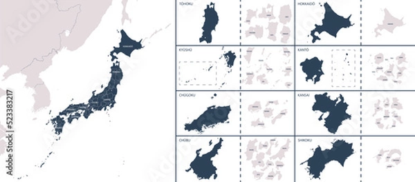Obraz Vector detailed map Japan with the administrative divisions of the country, each region is presented separately, detailed and divided into prefectures