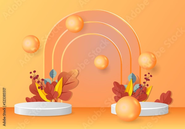 Fototapeta 3d podium. Abstract minimal scene with autumn geometric forms. cylinder podium in orange background with autumn plant leaves. product presentation, mockup, show product, podium, stage pedestal or plat