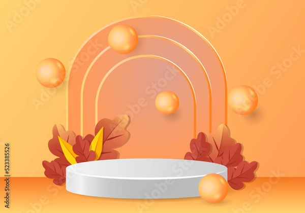Fototapeta 3d podium. Abstract minimal scene with autumn geometric forms. cylinder podium in orange background with autumn plant leaves. product presentation, mockup, show product, podium, stage pedestal or plat