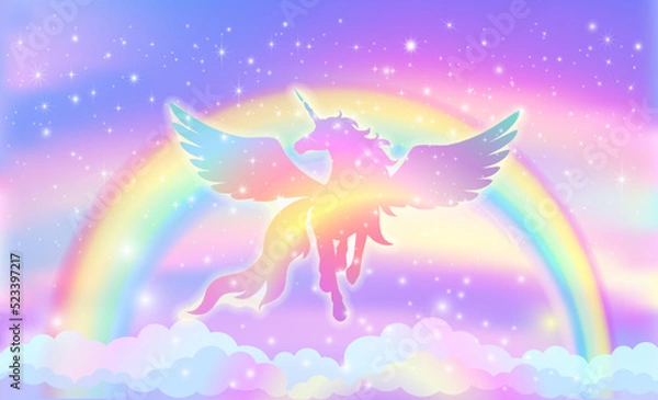 Fototapeta Rainbow background with winged unicorn silhouette with stars.