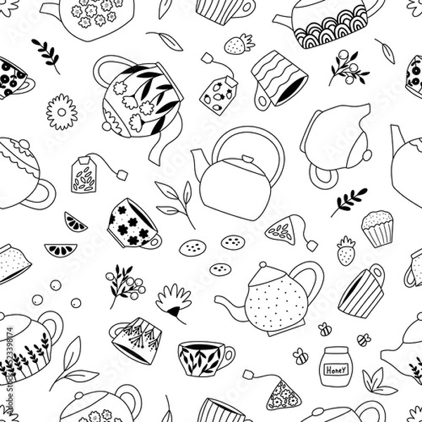 Fototapeta Doodle seamless pattern with tea pots, cups, mugs, leaves, flowers, berries and sweets. Hand drawn coloring page. Outline dishes. Black and white vector illustration.