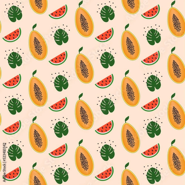 Obraz Summer vector colorful pattern. Fruits pattern. Palm leaf, watermelon,papaya pattern.