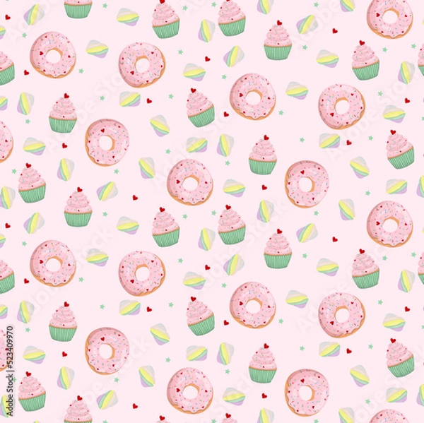 Fototapeta Pink pattern with sweets. Pattern with cupcakes, donuts and marshmallow
