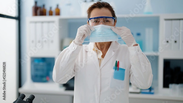 Fototapeta Middle age hispanic woman wearing scientist uniform and medical mask at laboratory