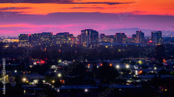 Obraz san jose night view of downtown cityscape with colorful sunset