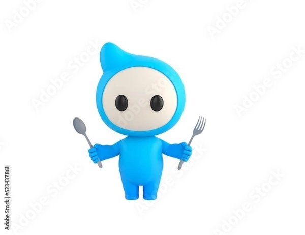 Obraz Blue Monster character holding fork and spoon in 3d rendering.