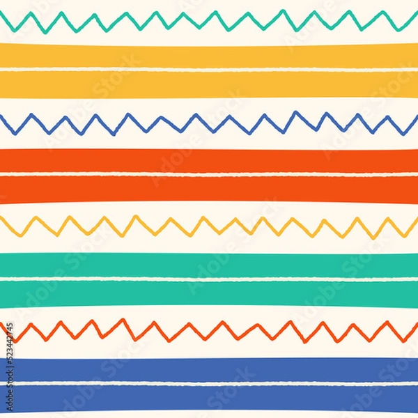 Fototapeta Ethnic Tribal Geometric Folk Indian Scandinavian Gypsy Mexican Boho African Ornament Texture Seamless Pattern Zigzag Dot Line Horizontal Stripes Color Print Textiles Background Vector Illustration