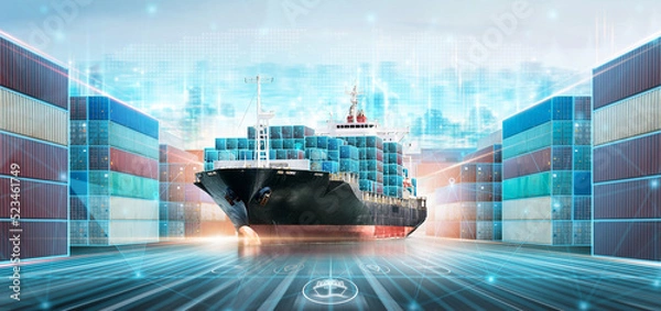 Obraz Inteligentna koncepcja technologii logistyki i magazynu, przesyłanie przesyłki towarowej w czasie rzeczywistym, dostawa przesyłki frachtowej, kontener statek w porcie, globalna logistyka biznesowa