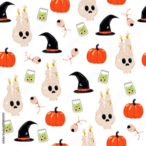 Obraz Happy halloween seamless pattern with scary pumpkins, hat, candle, scull and eye. Design, vector illustration