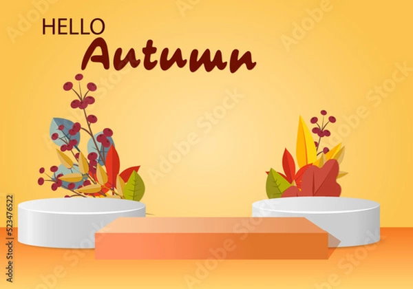 Fototapeta 3d podium. Abstract minimal scene with autumn geometric forms. cylinder podium in orange background with autumn plant leaves. product presentation, mockup, show product, podium, stage pedestal.