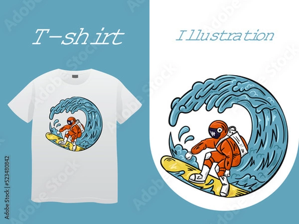 Fototapeta Surfing Astronout Hand Drawn Illustration vintage design. Perfect for tshirt, sticker, logo, and print design