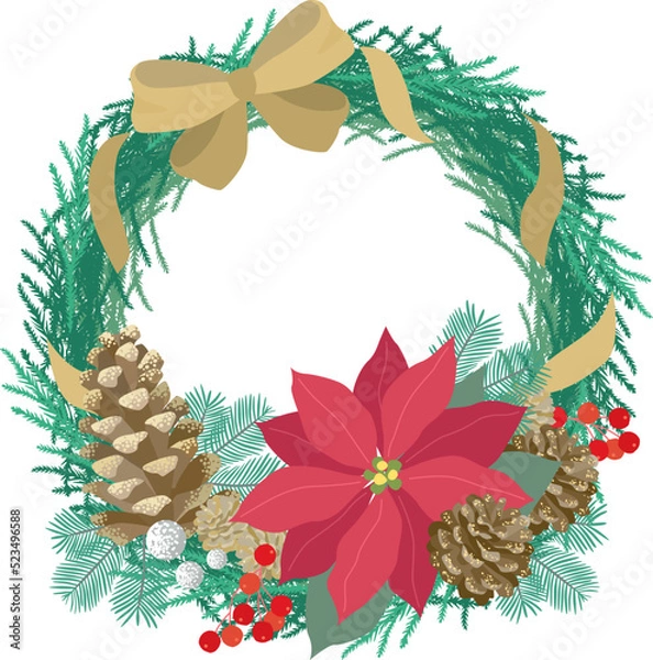 Obraz モミのリースにポインセチアとまつぼっくりを飾ったクリスマスリースのイラスト