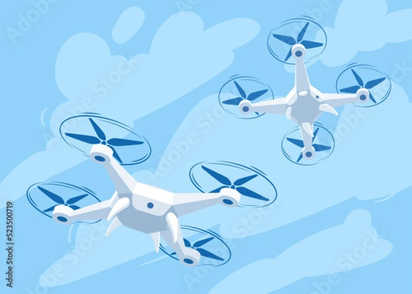 Fototapeta Flying drone with blue sky background, vector illustration. Cartoon drones flying in different angles