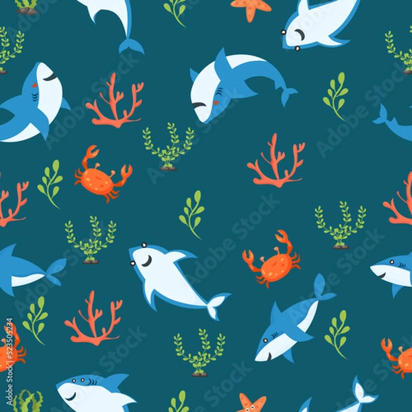 Obraz Cute blue shark  seamless pattern vector illustration .