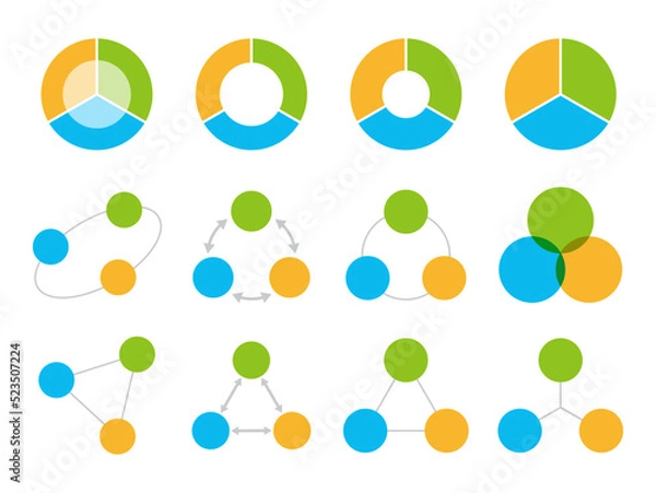 Fototapeta オレンジと水色と黄緑の柔らかい色味の3つまたは3分割円のチャートのグラッフィック素材セット/白背景