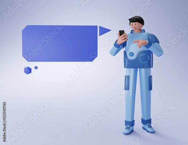 Obraz Tech guy stands, writes a message on the phone. 3d rendering