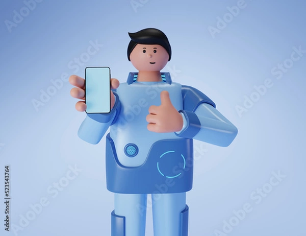 Obraz Tech guy showing phone screen and showing class. 3d rendering