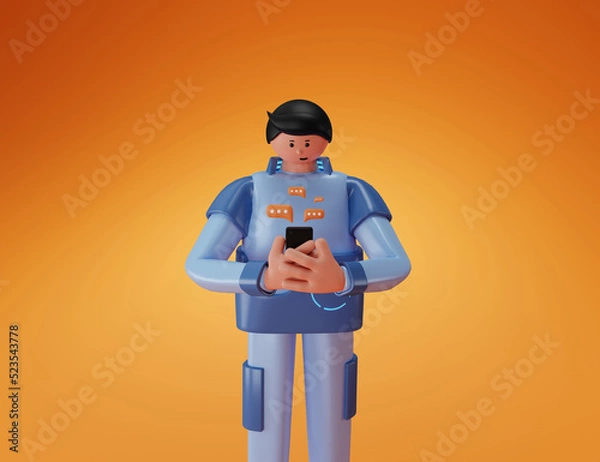Obraz Tech guy looks at the phone, writes a message. 3d rendering