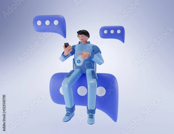 Obraz Tech guy writes a message on the phone. 3d rendering