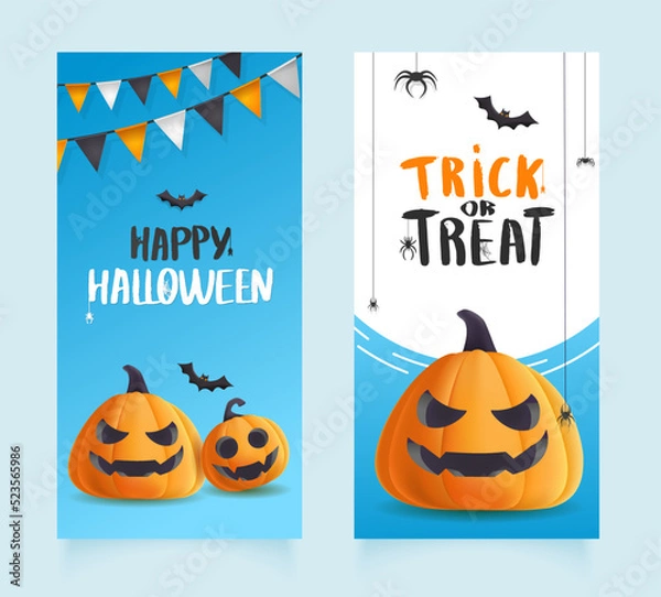 Obraz Collection Happy halloween banner with illustration of realistic pumpkins with faces.