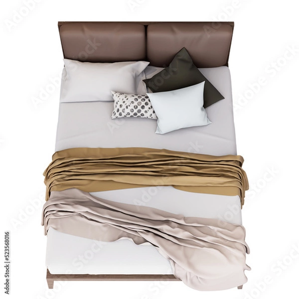 Fototapeta 3d Furniture top view modern double bed isolated on a white background, Decoration Design for bedroom