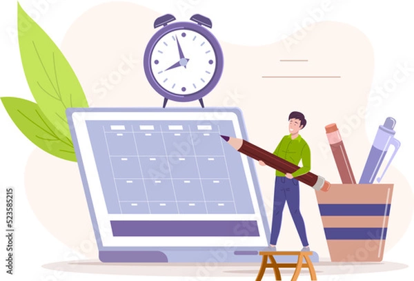 Fototapeta Tiny man with pencil working on schedule on laptop computer. Businessman doing working plan on week, planning business agenda tasks and meetings time. Time management or deadline flat vector