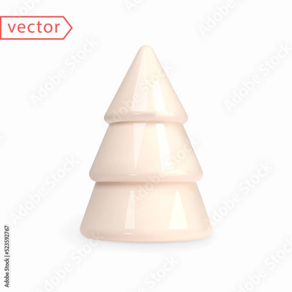 Fototapeta White Beige Cone Christmas Tree. 3D render of realistic abstract White Beige Porcelain Figurine Christmas Tree isolated on white background. Winter Holiday Decoration. 3d Render Vector