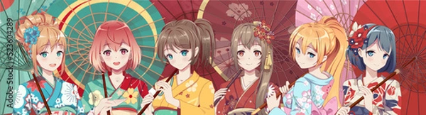 Fototapeta Group of anime manga girls in traditional Japanese kimono costume holding paper umbrella. Vector illustration on isolated background